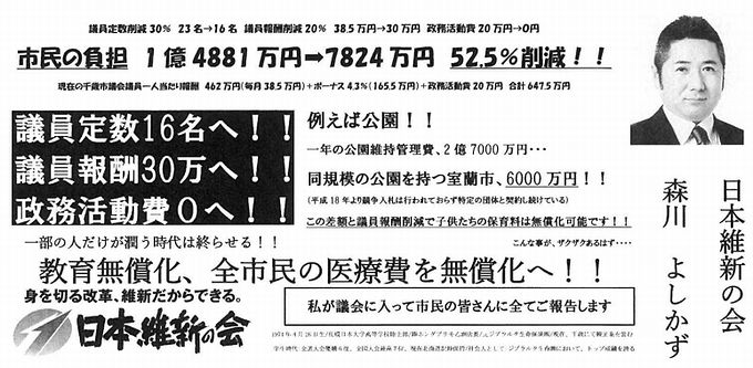 【惜敗！わずか９票差】千歳市議会選挙「日本維新の会　公認候補　森川よしかず」
